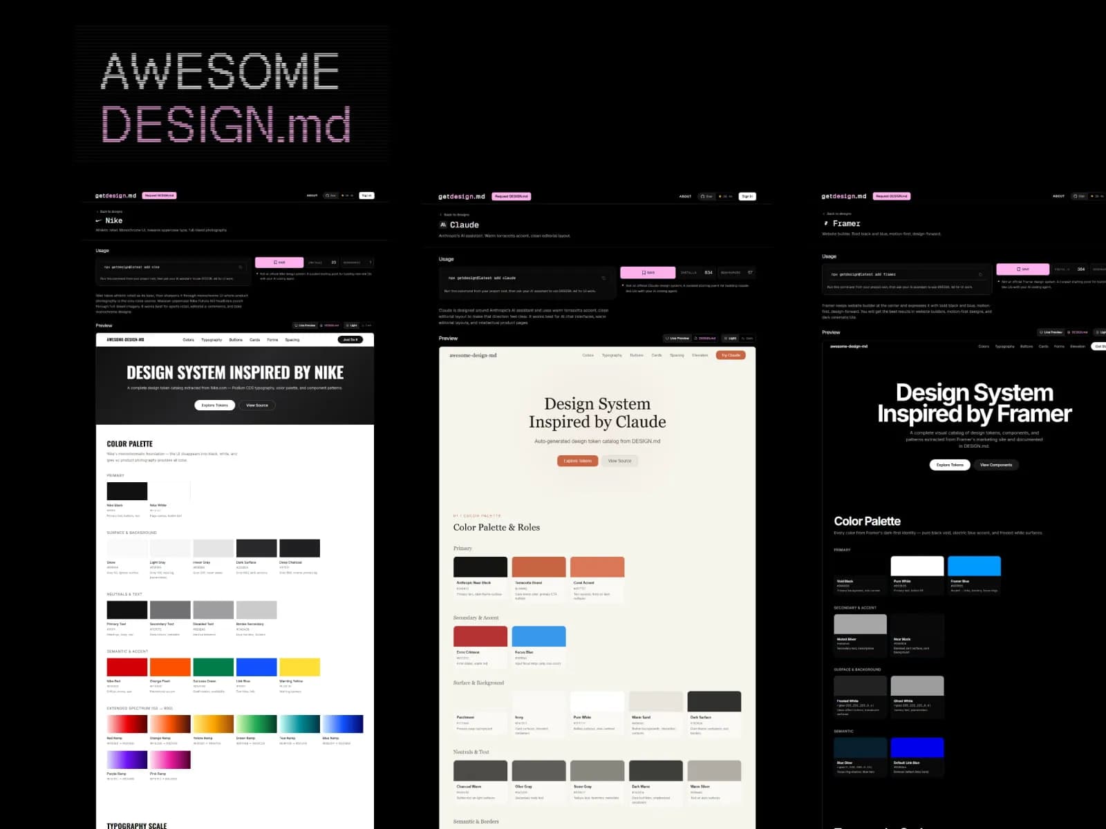 ثلاثة أنظمة تصميم وَلّدها Awesome Design MD: نايكي، كلود، وفريمر